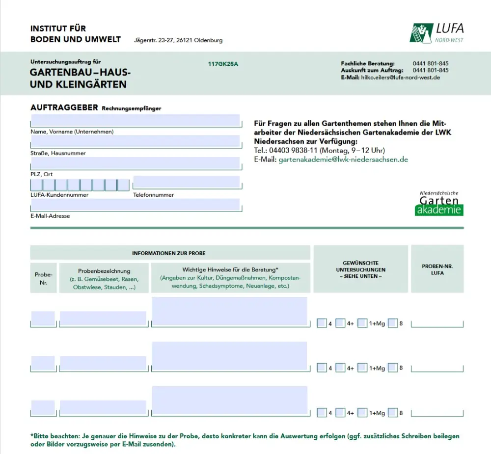 Formular Bodenanalyse zum Ausfüllen von der Lufa