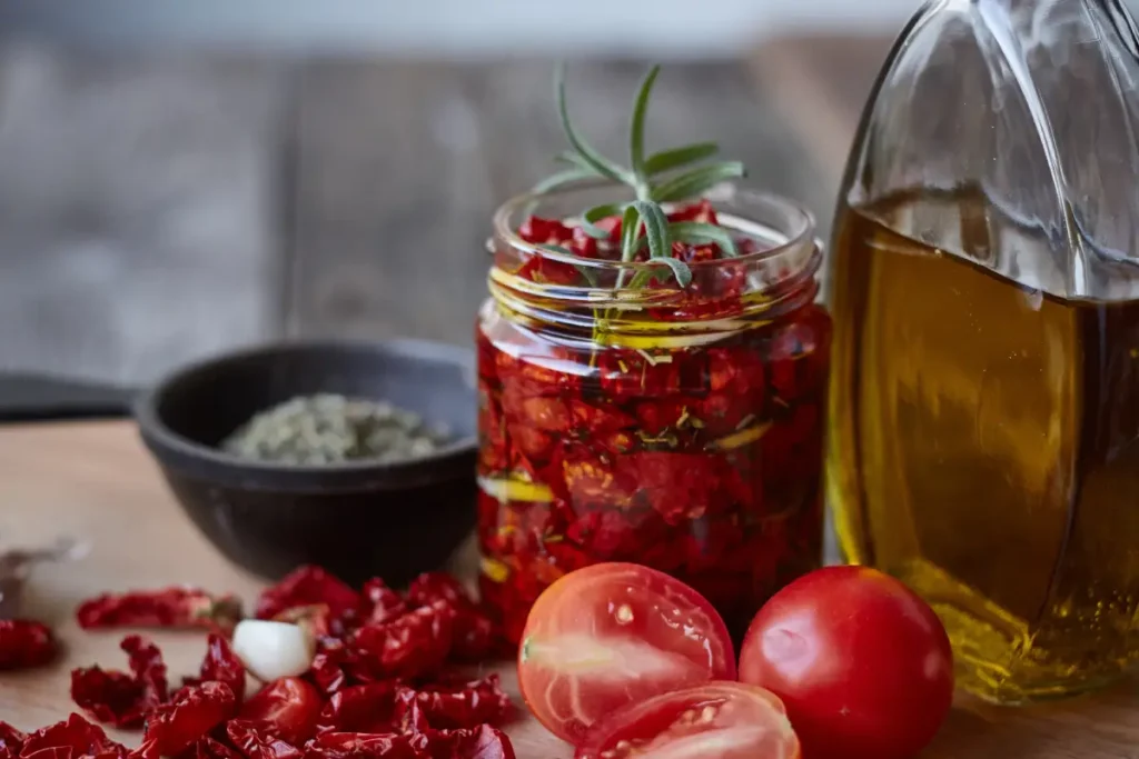 Auf einem Holztisch steht ein Glas mit getrockneten Tomaten in Öl eingelegt.
