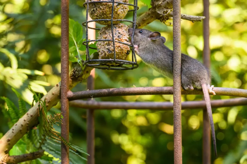 Maus nagt an Meisenknödel in einem unsicher aufgehängten Futterspender.