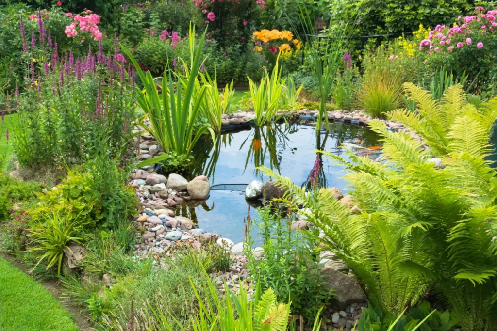 Gartenteich mit Steinumrandung bepflanzt mit Kalmus, Blutweiderich und Straußenfarn.