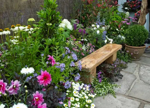 Holzbank vor einem Blumenbeet.