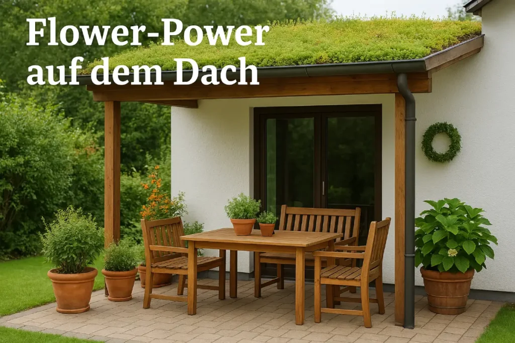 Terrasse mit Dachbegrünung und vielen Pflanzen.