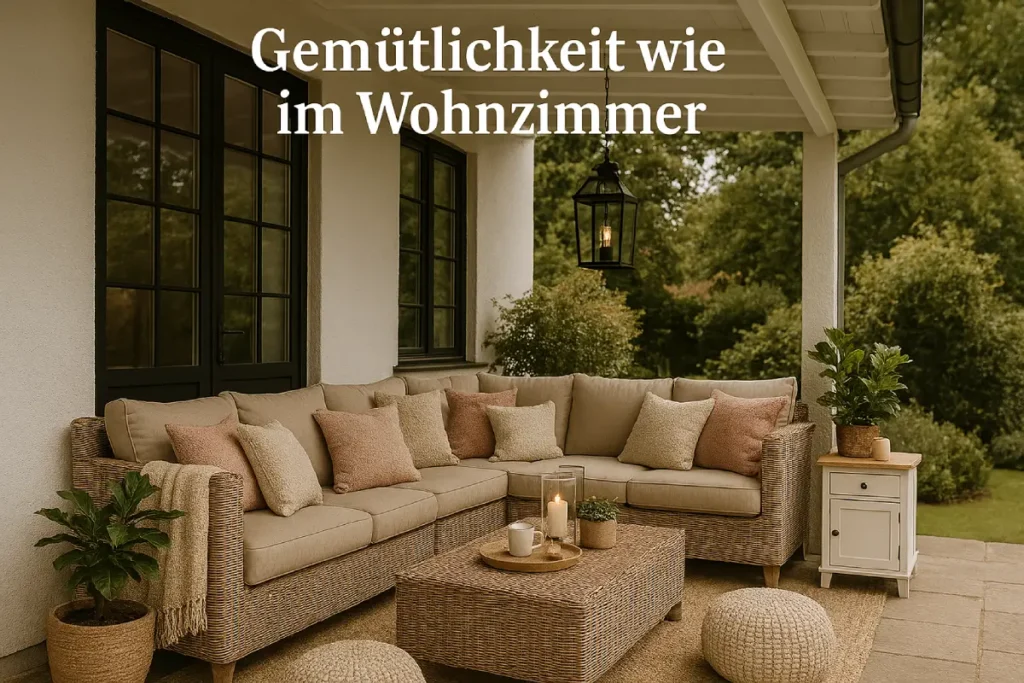 Gemütliche Terrasse mit Sofa und Kissen wie im Wohnzimmer.