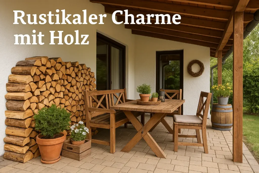 Terrasse mit rustikalen Holzmöbeln und Kaminholz.