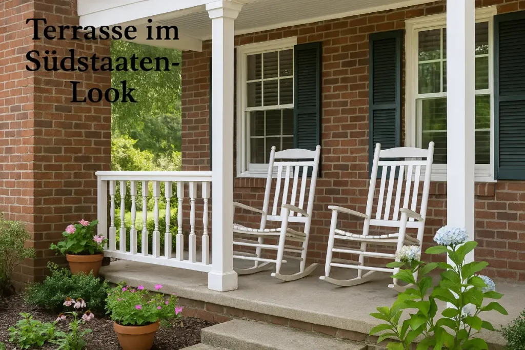 Überdachte Terrasse im Südstaaten-Stil mit Schaukelstühlen.
