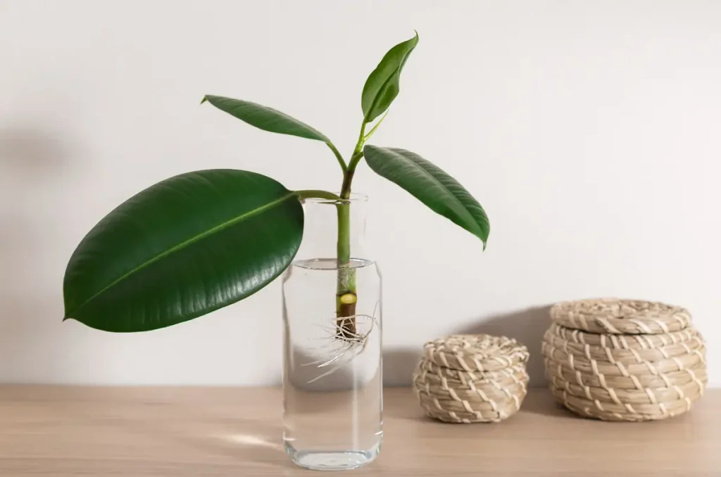 Gummibaum-Steckling nach dem Rückschnitt im Wasserglas zur Wurzelbildung.
