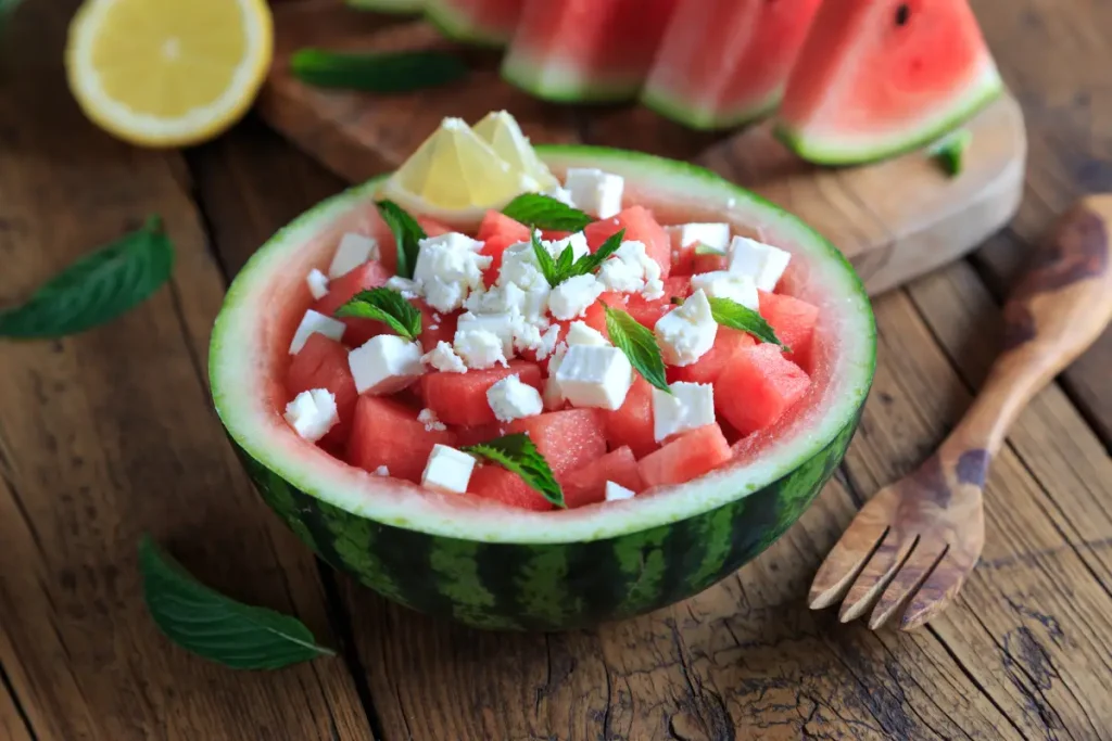 Wassermelonen-Feta-Salat in einer halbierten Wassermelone serviert.