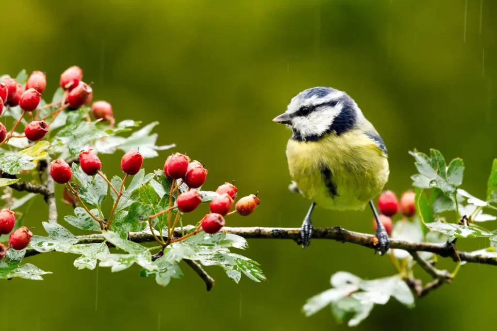 Bild von einer Blaumaise auf einem Eingriffeligen-Weißdornast, an dem sich rote Früchte befinden.