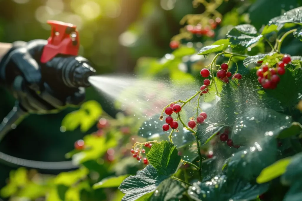 Gärtner spritzt Johannisbeerstrauch mit Wasser ab Maulbeerschildlaus bekämpfen