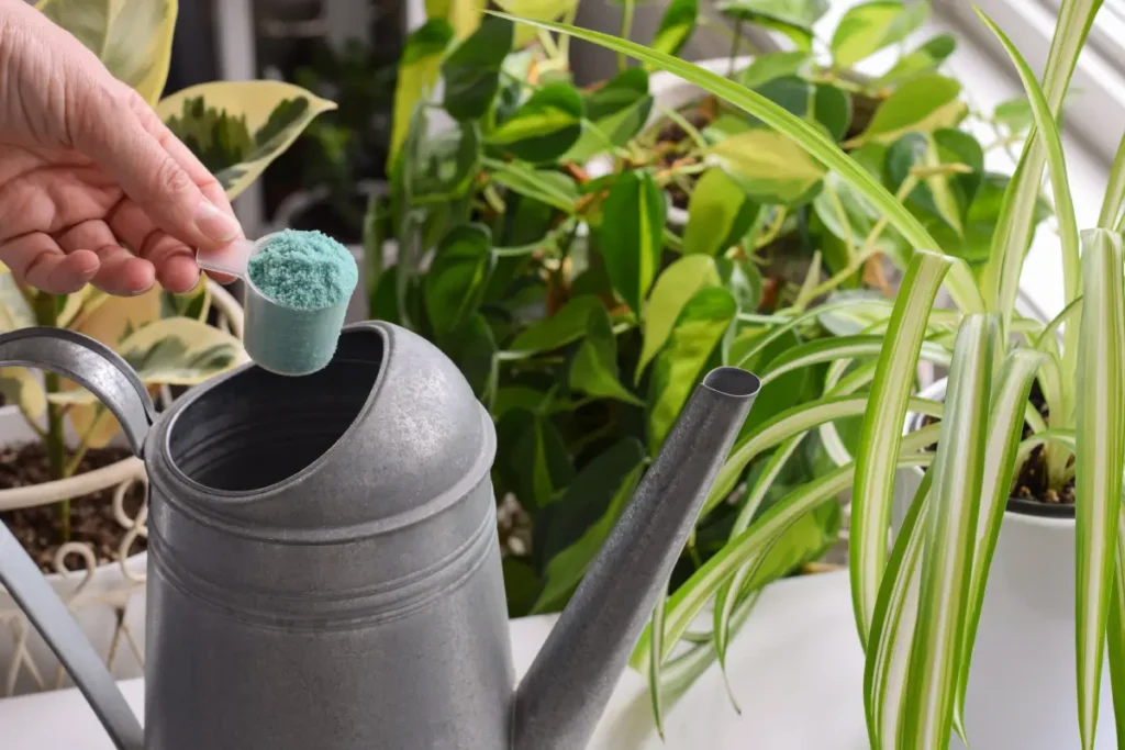 Hand gibt Dünger in eine Gießkanne Albuca spiralis 'Frizzle Sizzle' pflanzen, pflegen und vermehren