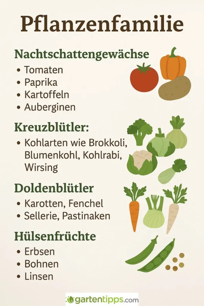 Infografik zu Gemüse-Pflanzenfamilien für die Fruchtfolge.