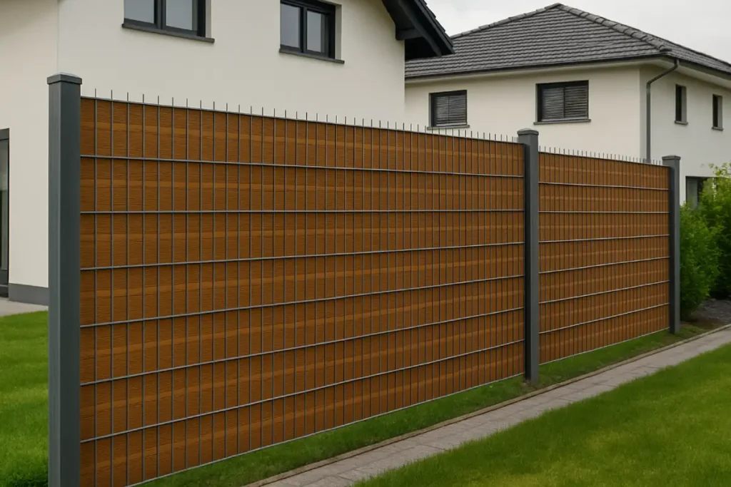 Doppelstabmattenzaun mit Sichtschutzstreifen in Holzoptik Sichtschutz in Holzoptik - 9 schöne Varianten mit natürlichem Look vorgestellt