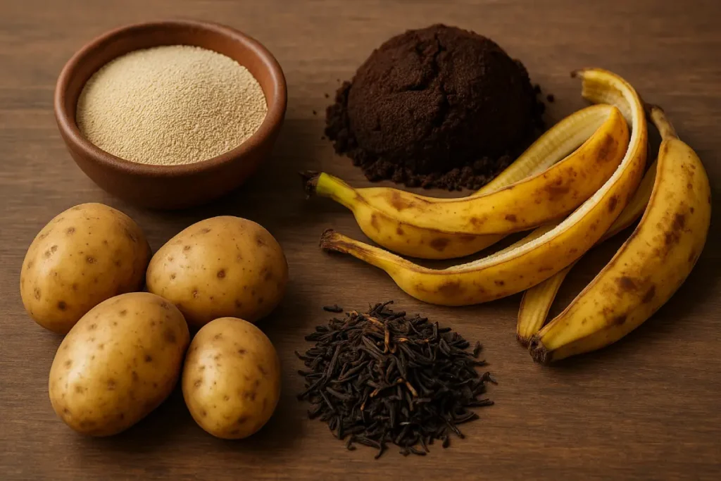 Trockenhefe, Kaffeesatz, Bananenschalen, Kartoffeln und schwarzer Tee auf einem Holztisch Orchideen düngen mit Hausmitteln - Mit diesen Mitteln blühen sie prächtig