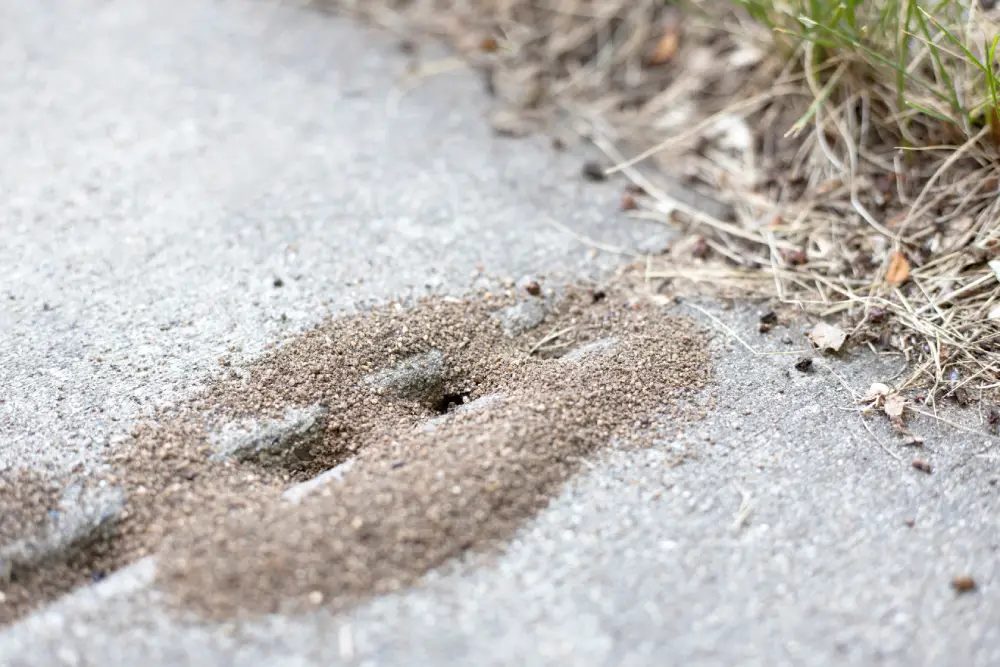 Sandhaufen zwischen Gehwegplatten als Hinweis auf Tapinoma magnum.