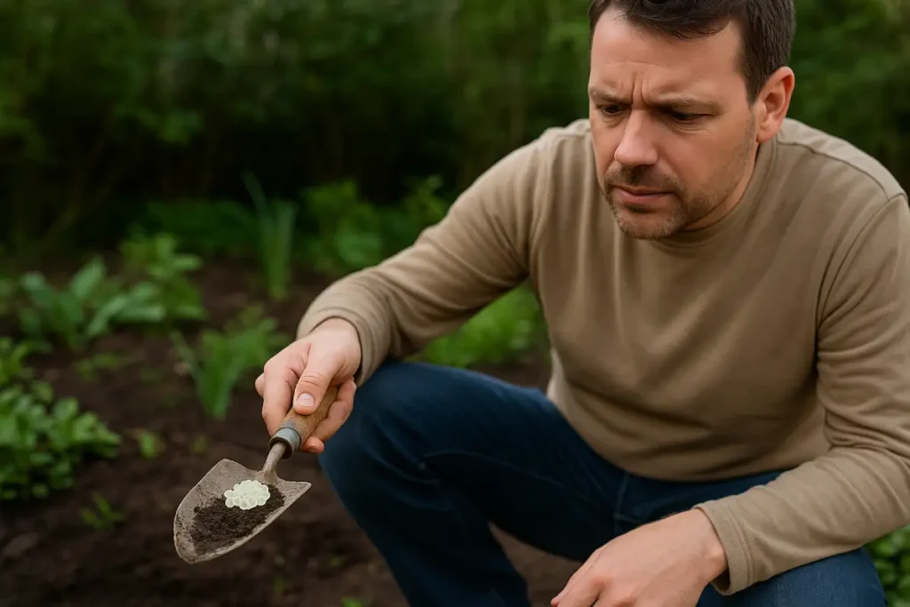 Mann entfernt mit einer Schaufel Schneckeneier aus dem Beet Schneckeneier im Garten – Aussehen, Bekämpfung & Tipps zur Vorbeugung einer Schneckenplage