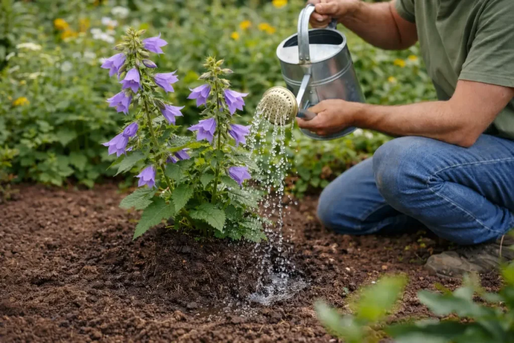 Mann gießt eine Nesselblättrige Glockenblume Nesselblättrige Glockenblume pflanzen, pflegen und überwintern