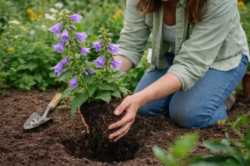 Frau pflanzt eine Nesselblättrige Glockenblume Nesselblättrige Glockenblume pflanzen, pflegen und überwintern