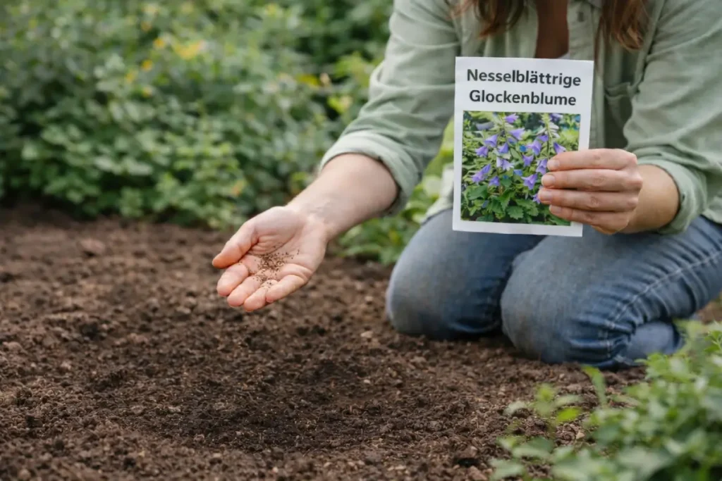Frau sät Nesselblättrige Glockenblumen ins Beet Nesselblättrige Glockenblume pflanzen, pflegen und überwintern