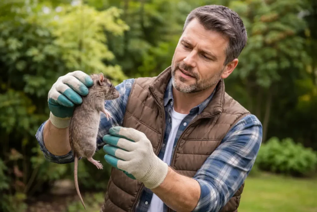Mann im Garten hält eine tote Ratte in den Händen Ratten im Garten - Anzeichen & Tipps zur Rattenbekämpfung