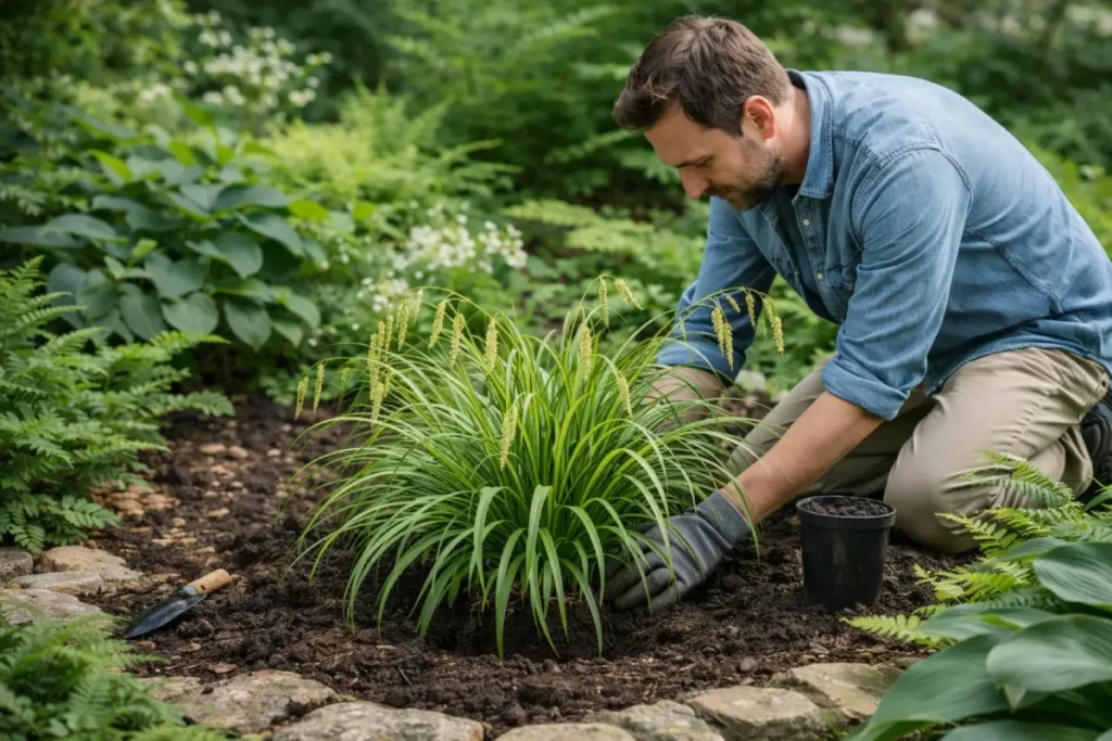 Mann pflanzt eine Wald-Segge in den Garten Wald-Segge pflanzen, pflegen und vermehren