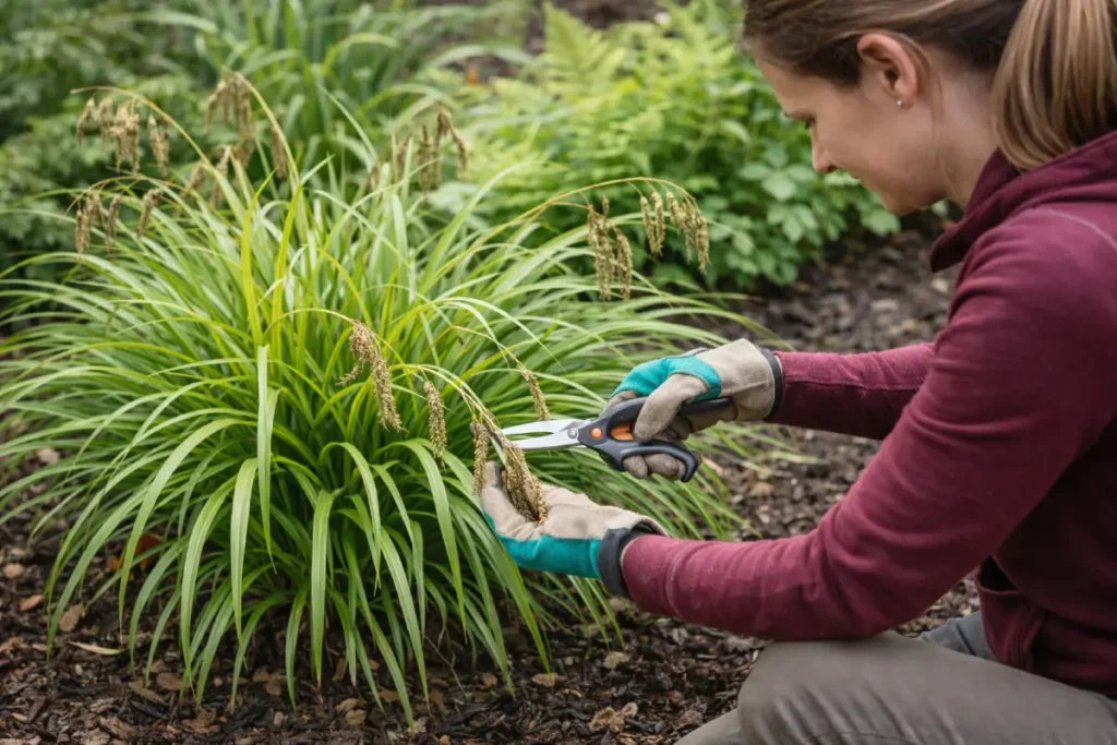 Frau schneidet eine Wald-Segge zurück Wald-Segge pflanzen, pflegen und vermehren