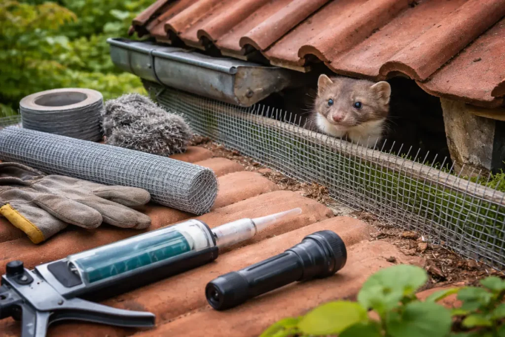 Marder schaut aus seinem Versteck unter dem Dach Marder im Garten: Anzeichen, Vorsichtsmaßnahmen und Tipps zur Bekämpfung