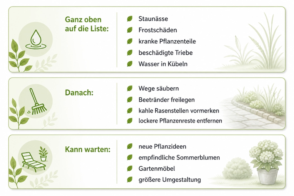 Frühjahrsvorbereitung im Garten. Lohnende Vorbereitungen in Infografik dargestellt.