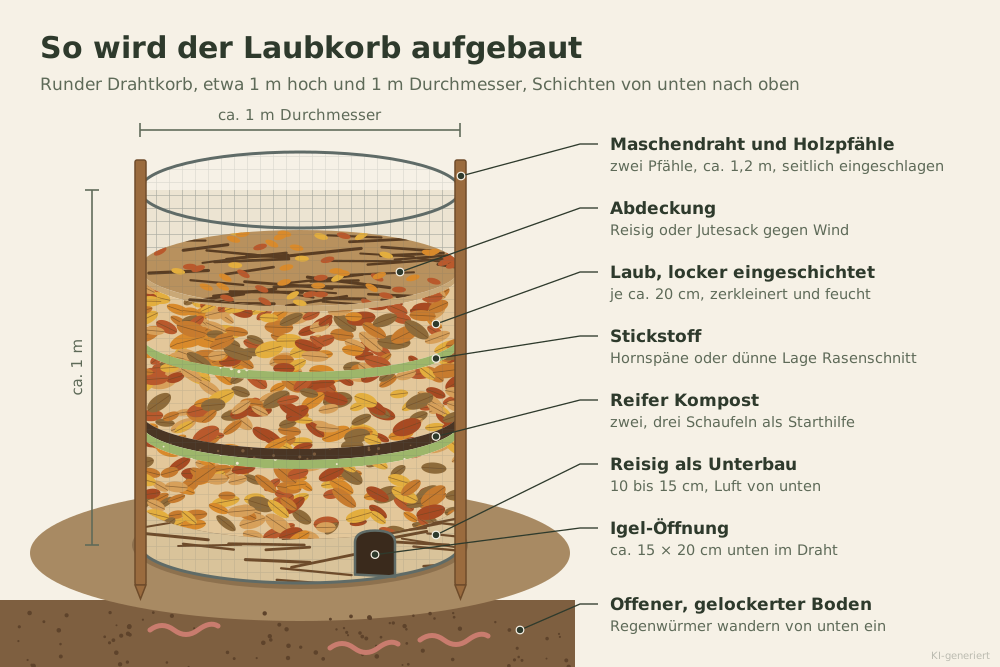 Grafik zum Aufbau eines Laubkorbs aus Maschendraht.